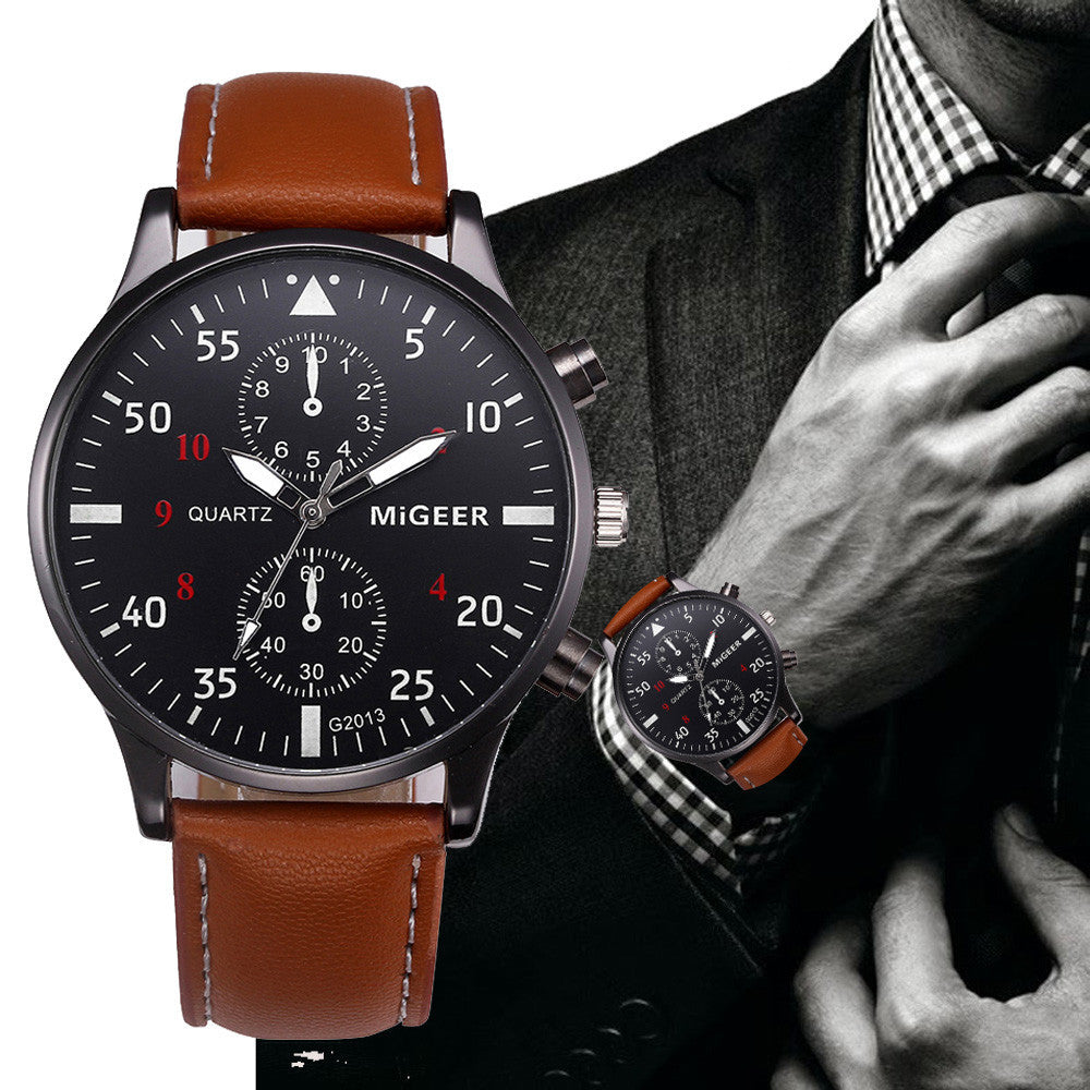 Men’s Chronograph Style Watch with Black Dial and Brown Leather Strap