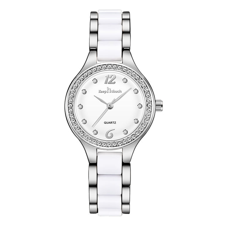 Women’s Luxury Black Dial Watch – Crystal Bezel, Silver & Black Bracelet Strap