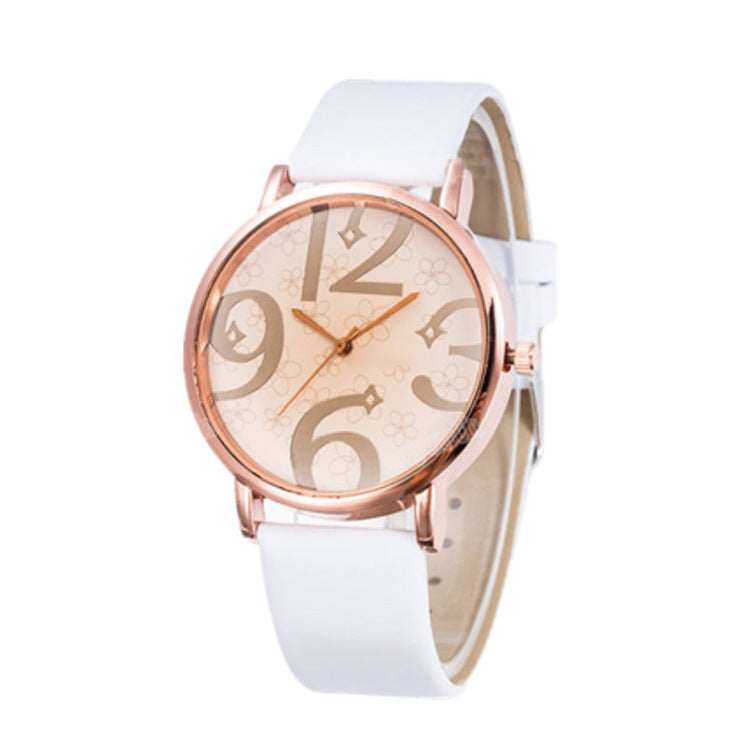 Women’s Rose Gold Watch with White Leather Strap and Large Numerals – Fashion Wristwatch