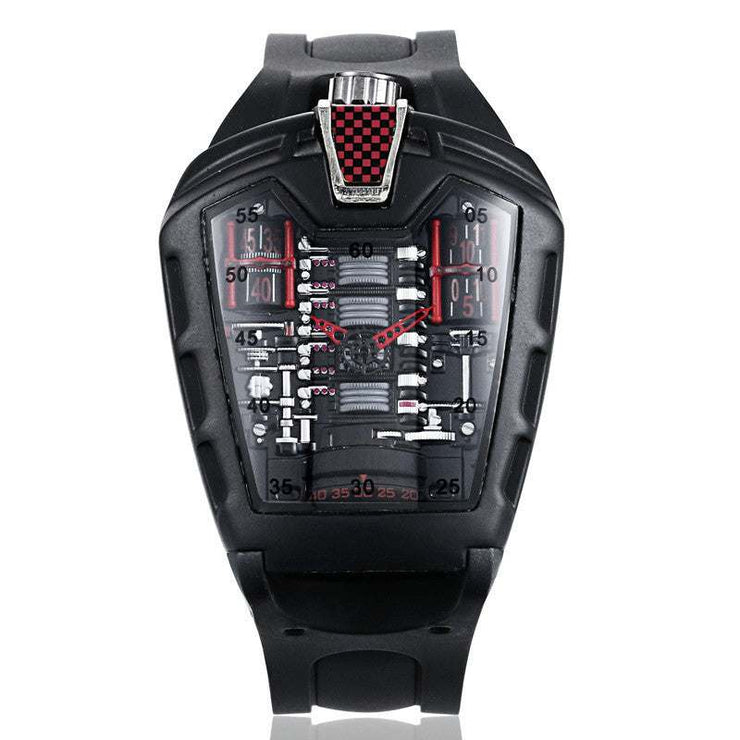 Futuristic Racing-Inspired Men’s Watch – Black & Red Sports Design
