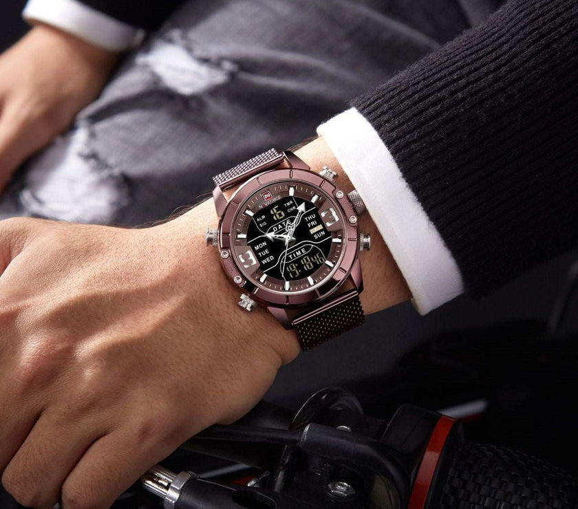 Men’s hybrid chronograph watch with mesh strap